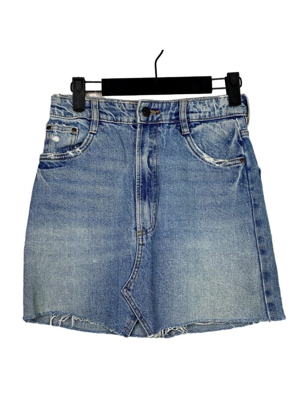 ZARA Authentic Denim Raw Hem Slight Distressed Mini Skirt 5 Pockets XS Blue Wash